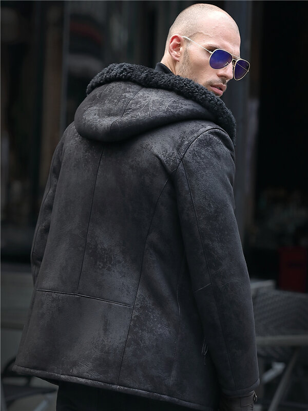 Jaqueta de couro genuíno masculina, casaco com capuz de lã, sobretudo shearling, pele alta, tamanho grande, 6XL, 7XL, inverno