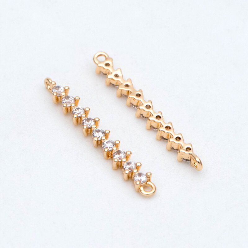 4pcs CZ Paved Bar Connector 20mm, Real Gold Plated Brass, Cubic Zirconia Stick Charms (GB-2997)
