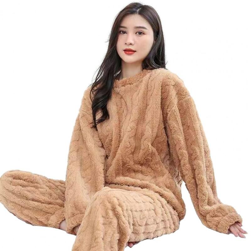 2Pcs/Set Winter Women Pajamas Set Fleece Thick Plush Tops Solid Color Wide Leg Pants Pajama Women Sleeping Set Lounge