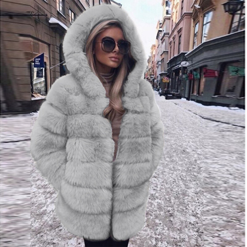 Jaqueta fofa com capuz para mulheres, casaco longo de pele sintética, Casacos peludos grossos quentes, jaquetas de inverno, 2023