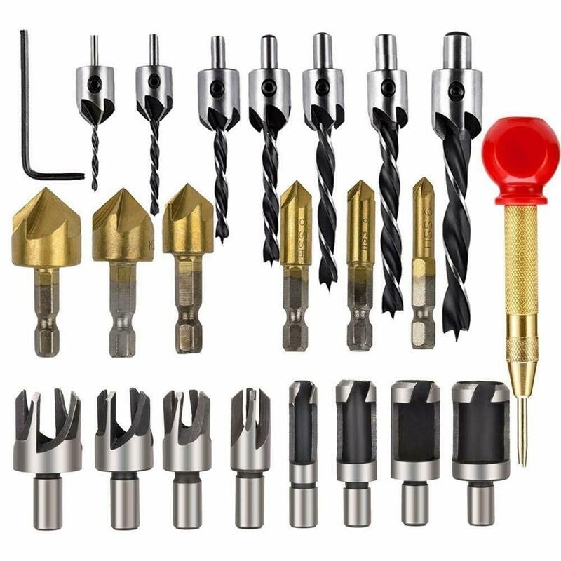 23pcs Woodworking Chamfer Drilling Tools Drill Bits Set Wood Plug Cutter Three Pointed Countersink Drill Bits with L-wrench