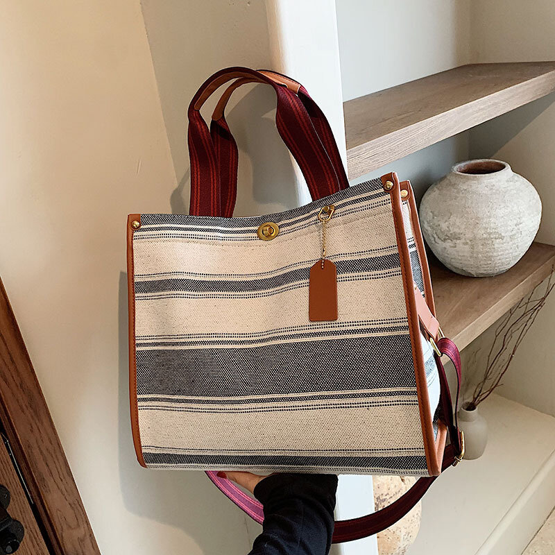 Canvas Stripe Tote Bag Vintage Shoulder Crossbody Bags Large Small Size Versatile Women's Handbags Shopping Storage Handbag