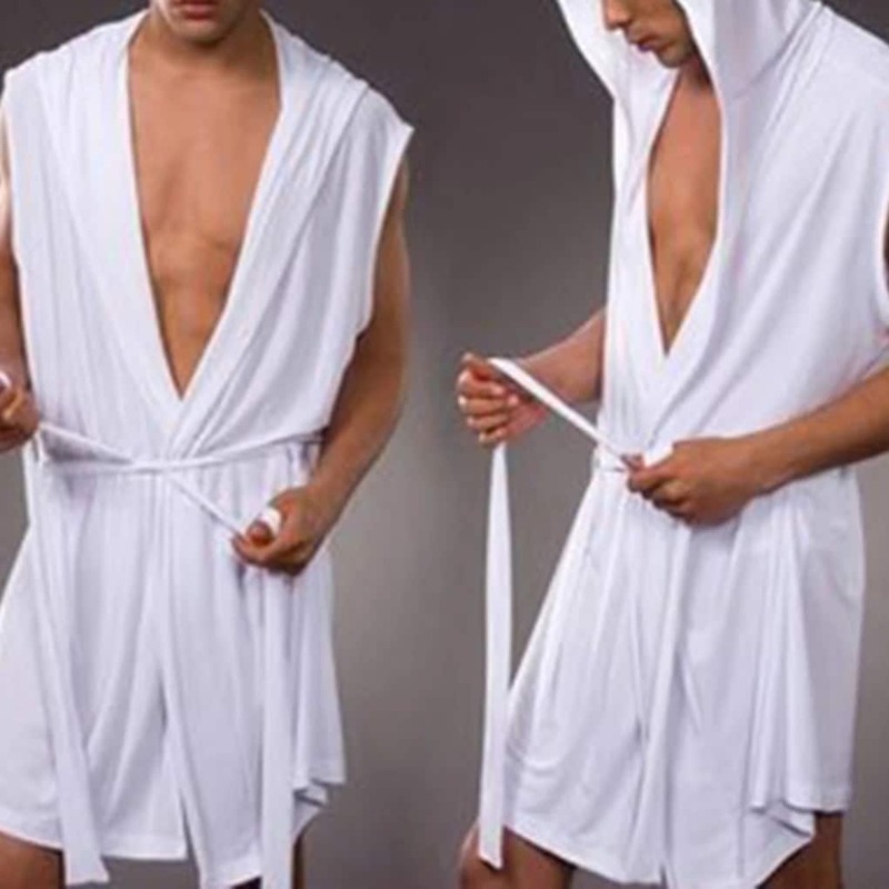 Мужской летний халат шелковый банный халат без рукавов с капюшоном пижамы