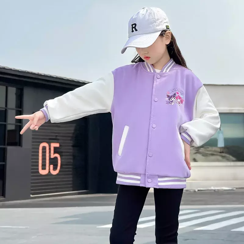 เสื้อโค้ท Kuromi สำหรับเด็กผู้หญิง, เสื้อแจ็คเก็ตเบสบอลสไตล์เด็กเล่นกีฬาขนาดกลางและใหญ่เวอร์ชั่นเกาหลีใหม่ฤดูใบไม้ร่วง