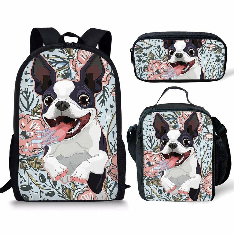 男の子と女の子のためのかわいいペットの犬のパターンのランドセル、軽量のバッグ、カジュアルなランチバッグ、ペンシルケース、3個