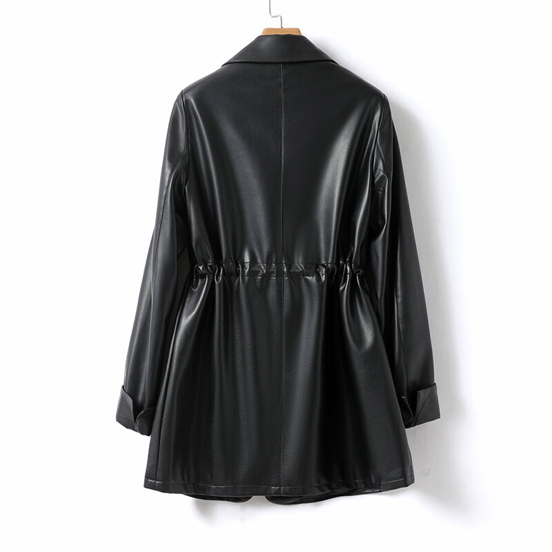Jaket Blazer kulit asli hitam untuk wanita, mantel kulit domba serut kancing modis musim gugur musim dingin 2023
