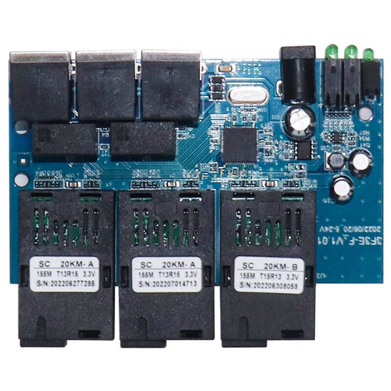 Switch in fibra Ethernet 100M PCBA Board convertitore multimediale ottico 20Km 3 Fiber 3 RJ45 supporto RPOE Simplex SC Switch in fibra