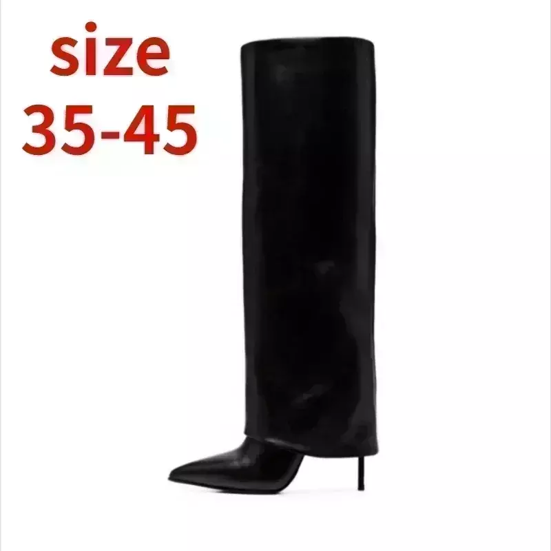 2024 Spring New Fashion Leather Knee Pants Boots for Women Europe and America Elegant Pointed High Heels Big Size Shoes 43 45