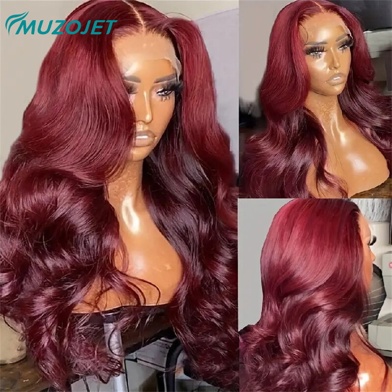 Wig rambut manusia renda depan gelombang tubuh 13x4 Burgundy 99J Wig Frontal renda transparan HD Wig Remy warna merah Brasil untuk wanita