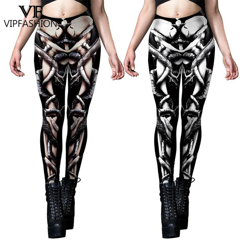 VIP FASHION Skeleton Pattern Leggings for Woman Halloween Cosplay Party Pants Mid Waist Elastic Tights Casual Workout Trousers