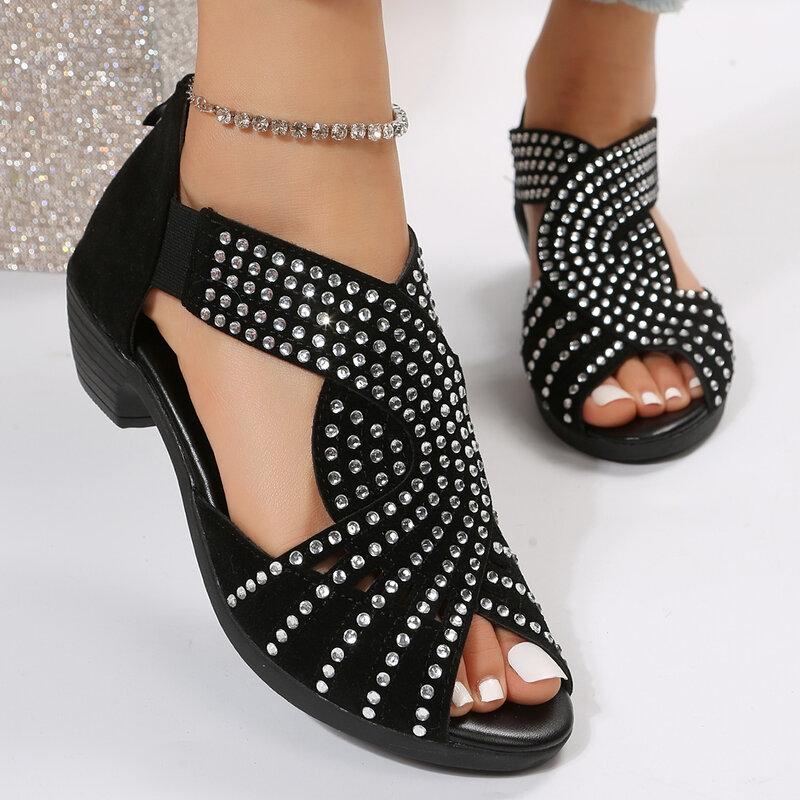 Sandalias cómodas con diamantes de imitación para mujer, zapatos de interior con cremallera de cristal, Punta abierta, 2023