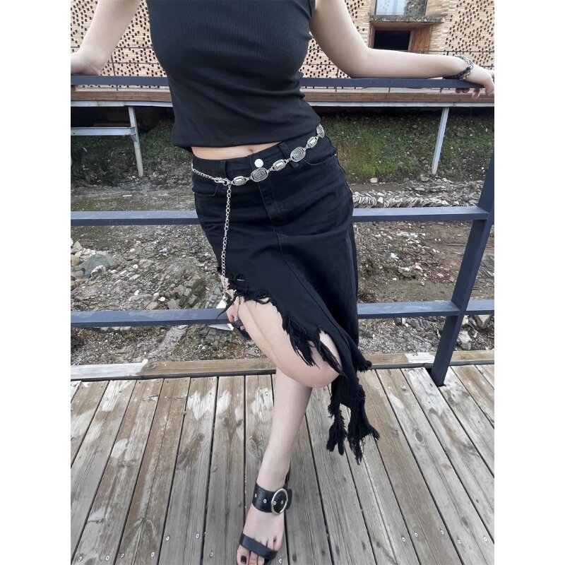 Cadena cintura decorativa con hebilla con patrón en relieve para mujer, cinturón para vestido playa