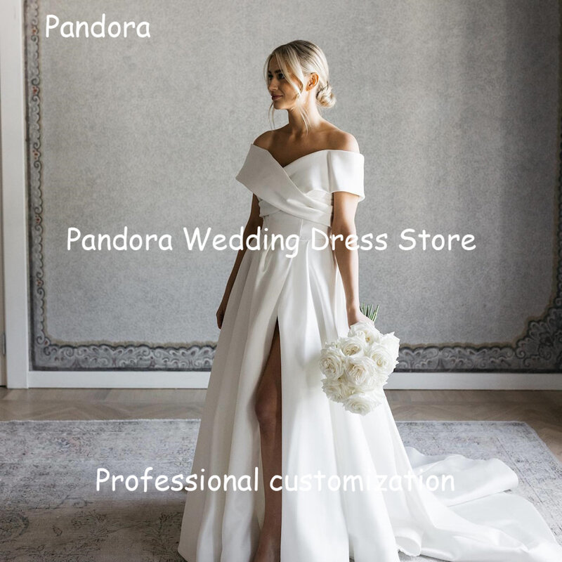 パンドラ-off-女性のための裸の肩のサテンaラインプリーツのウェディングドレス、アイボリーの花嫁のドレス、床の長さ、エレガントなウェディングドレス、2024