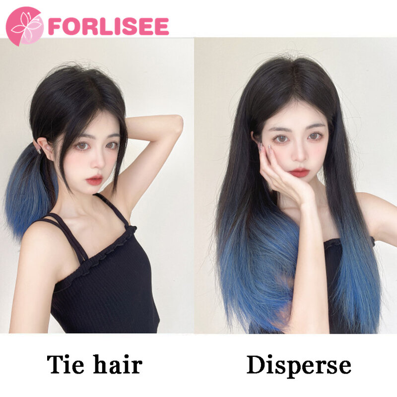 FORLISEE Peruka syntetyczna dla kobiet Długie proste włosy Trzyczęściowe naturalne przedłużanie włosów gradientowych, aby zwiększyć objętość włosów