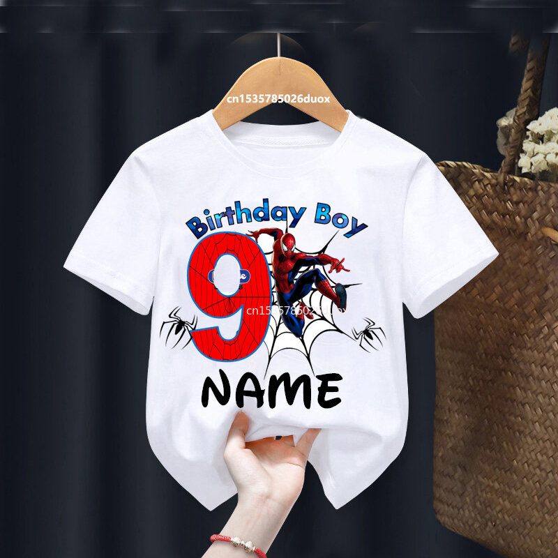 T-shirt à manches courtes Marvel SpidSuffolk pour filles et garçons, chemise d'anniversaire pour enfants, nom personnalisé, 2, 3, 4, 5, 6, 7, 8, été, 2024