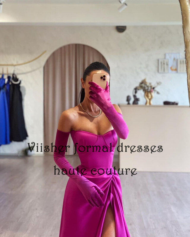 Hot Pink Satin A Line Prom Dresses with Slit for Women Sweetheart Long Celebrate Party Dress with Train Evening Party Gowns