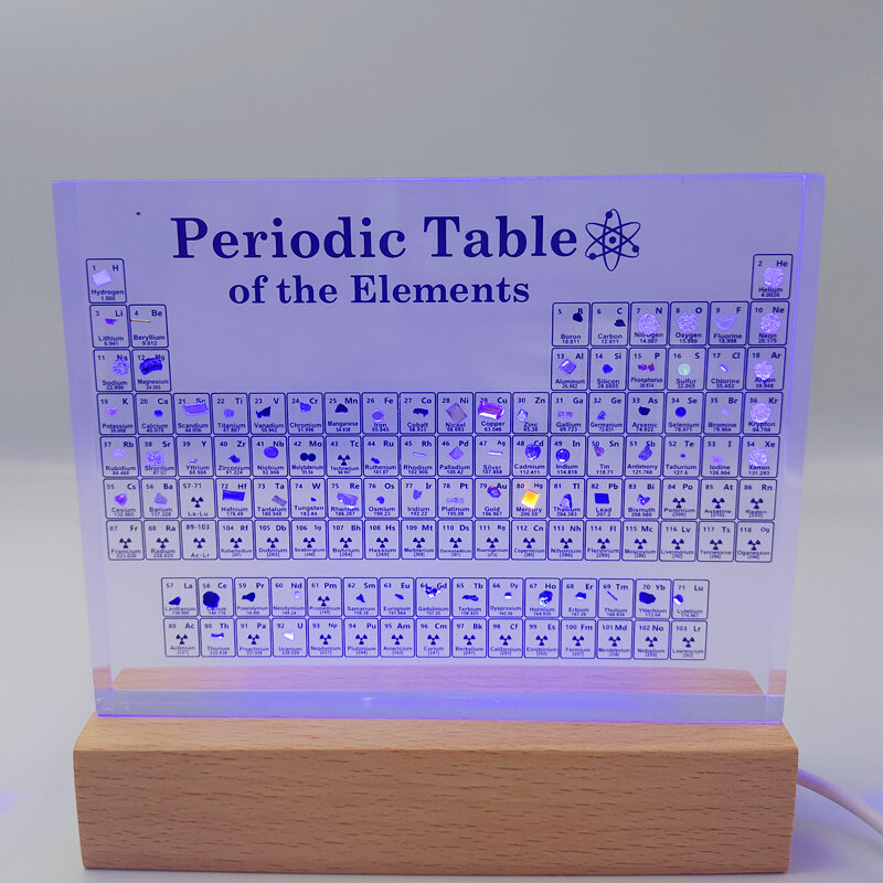 Mendeleev-Tableau périodique en acrylique avec de vrais éléments, affichage fuchsia, base lumineuse chimique, décoration d'intérieur, cadeaux de Noël