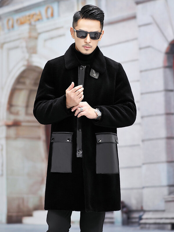 Abrigos largos de piel de cordero auténtica para hombre, chaqueta cálida de manga larga con bolsillos, a la moda, novedad de invierno, P488, 2023