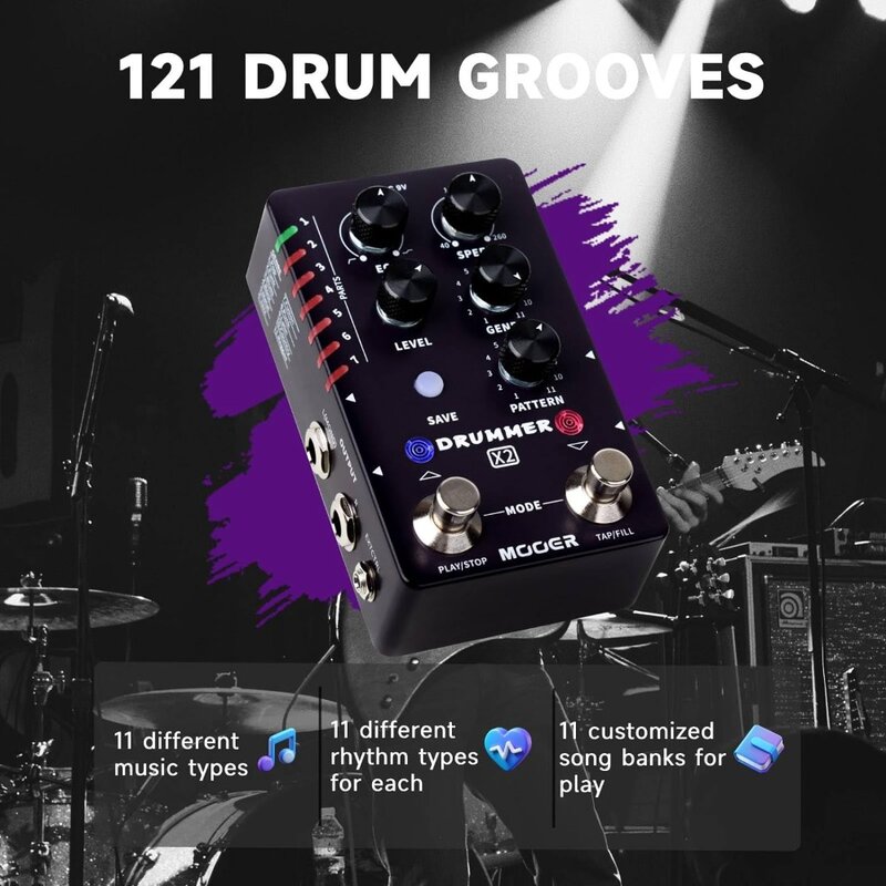 Pedale per chitarra MOOER Drum Machine con 121 scanalature per batteria 11 stili musicali 7 slot per il ritmo funzione di riempimento per basso per chitarra elettrica (X2)