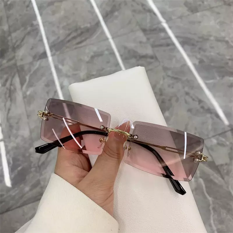 여성용 빈티지 패션 무테 선글라스, 무테 직사각형 쉐이드, 그라데이션 UV400, 여름 여행용 선글라스