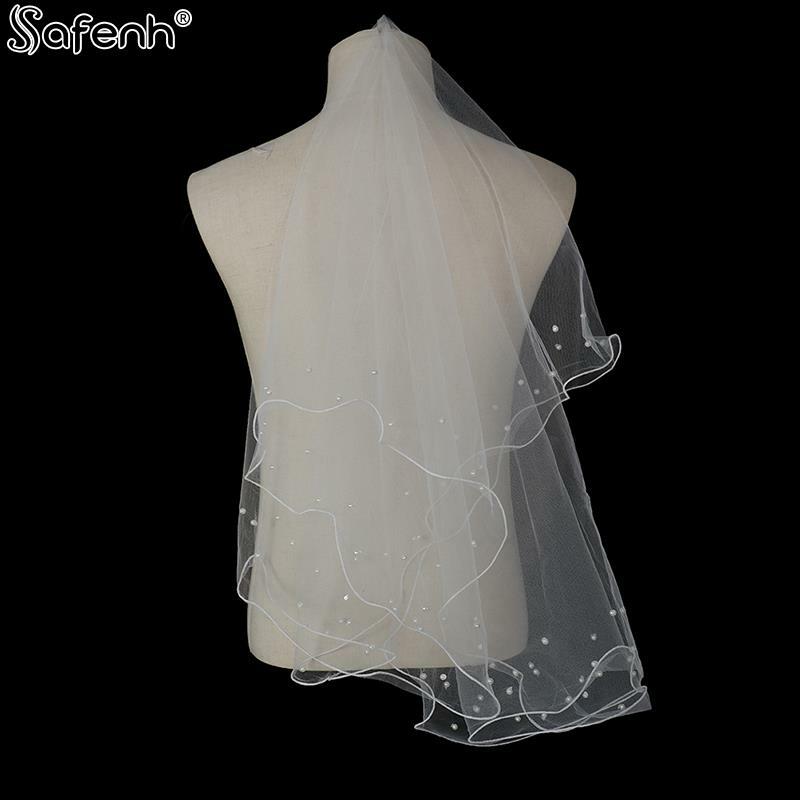 Velo de novia de tres capas con borde de cinta y perlas, velo de novia corto de 3 capas, color marfil blanco, barato, 100cm x 135cm