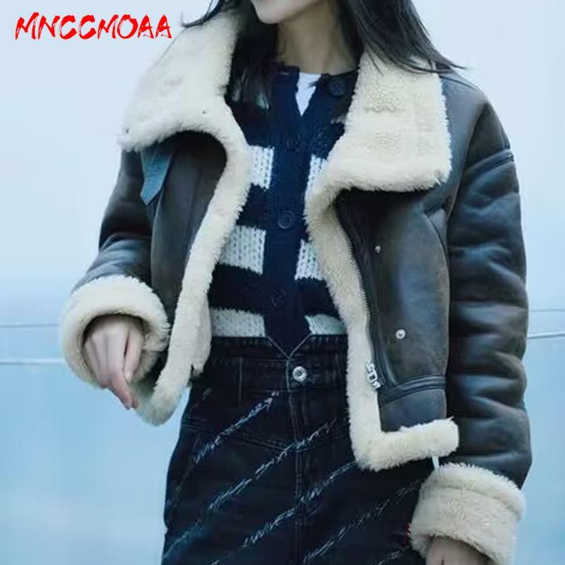 MNCCMOAA-Женская винтажная Толстая теплая куртка из искусственной кожи, Женское пальто, свободные топы, однотонная верхняя одежда высокого качества, Зимняя мода 2024