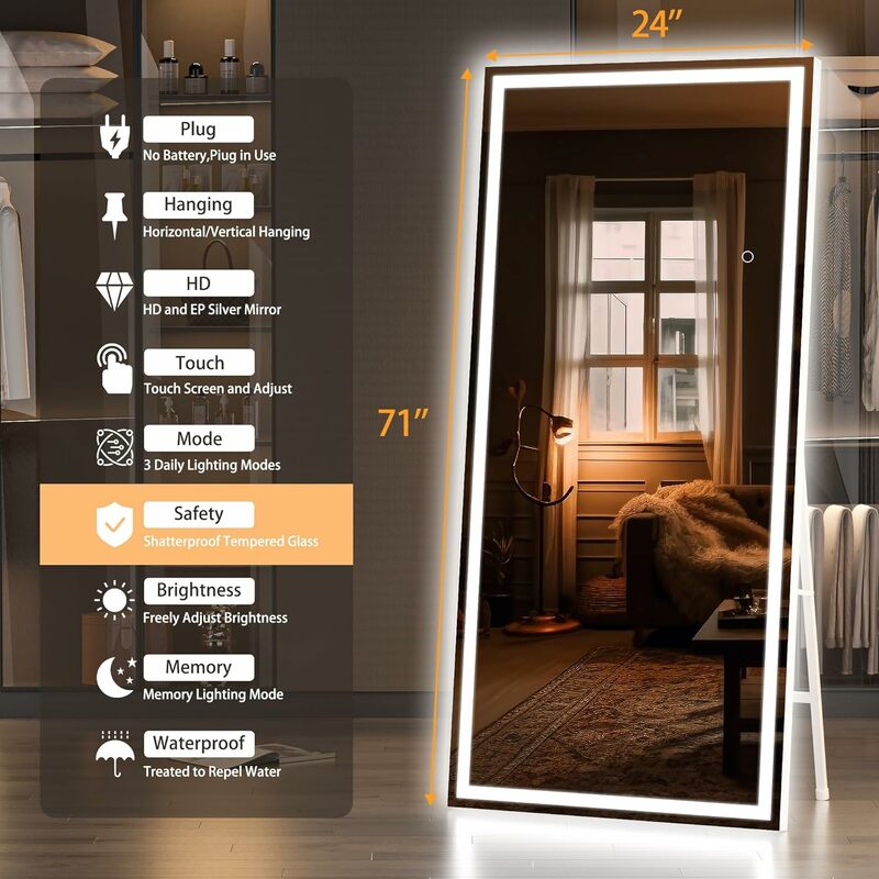 Full Length LED Mirror with Smart Touch Control Tempered Glass Full Body Mirror with Adjustable Lighting Floor Standing/Wall