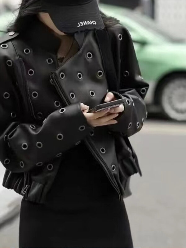 Jaquetas de couro recortadas para mulheres, zíperes de motociclista vintage, casacos Harajuku femininos, fivela de metal, preto, moda coreana, inverno