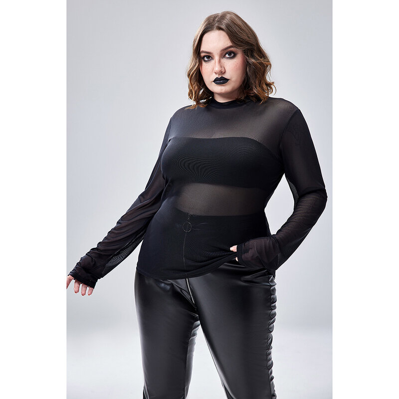 Disfraz de Halloween de talla grande, blusa de manga larga transparente de malla negra gótica