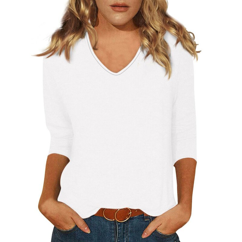 Youthful Women Clothes Elegant Casual Solid Color Women Blouse Shirt V-Neck Summer 3/4 Sleeves Women Pullover Cotton Лонгслив