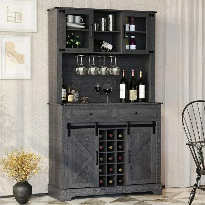 ARTPOWER Farmhouse Buffet Cabinet with Hutch and Drawers, 72" Wine Bar Cabinet with Sliding Barn Door
