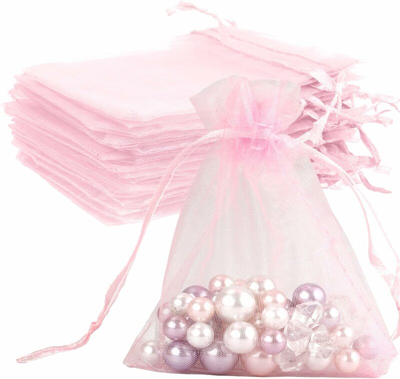 50 buah Pink Organza tas penyimpanan serut pesta pernikahan dekorasi hadiah kantong tampilan perhiasan persediaan aksesoris