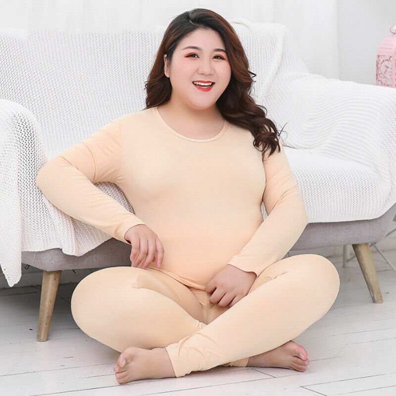 Conjunto de ropa interior térmica de manga larga para mujer, ropa de dormir Sexy, cálida, de color sólido, de talla grande, XL-5XL