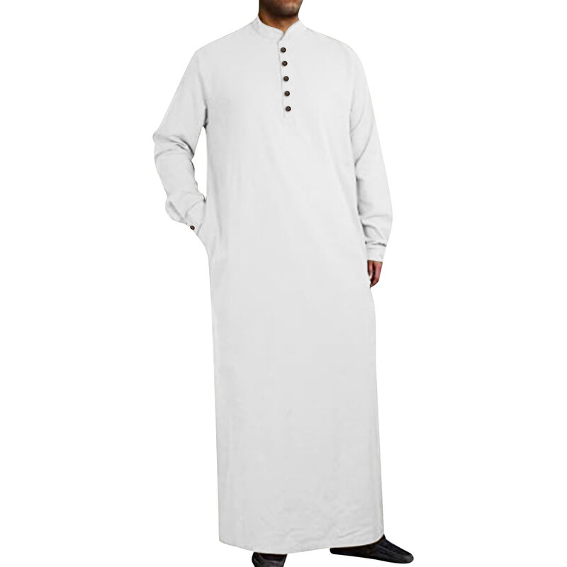 Jubah Muslim pria musim panas, baju jubah panjang sederhana gaya timur tengah lengan panjang celah samping warna Solid dengan saku kancing