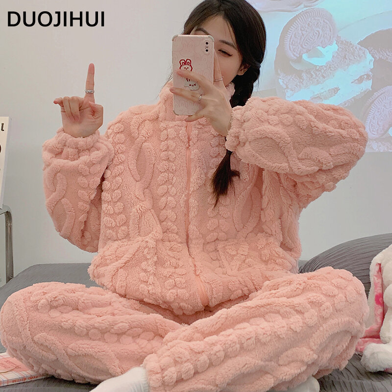 DUOJIHUI Winter Thick Warm Pure Color Female Sleepwear Sets Zipper Fashion Top Loose Casual Pant Flannel Soft Pajamas for Women