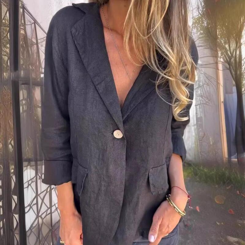 Suit Coat Elegant Lapel Suit Coat for Women Long Sleeve Office Lady Outwear Solid Color One Button Work Jacket with Flap Pockets