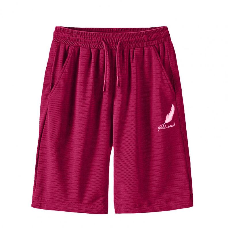 Plus Size Homens Calções Esportivos Penas Bordado Malha Respirável Cordão Bolso Solto Verão Masculino Shorts