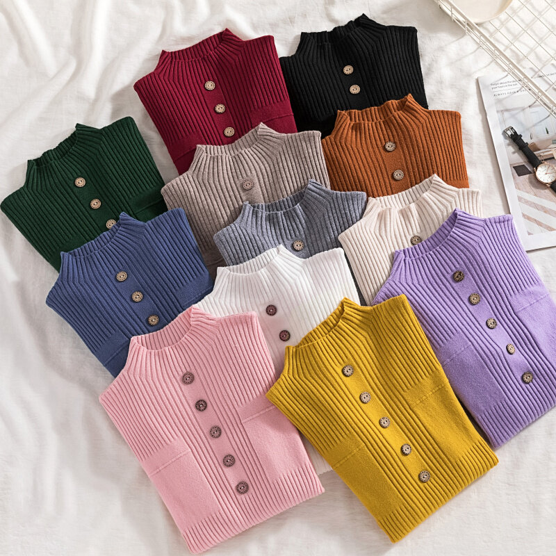 Pulls tricotés à boutons pour femmes, hauts élastiques, moulants, à la mode, faciles à assortir, 2022