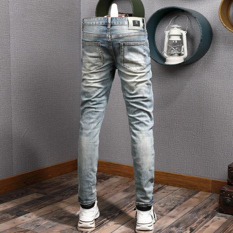 Calça jeans rasgada retrô lavada azul elástica justa masculina, calça pintada, calça jeans vintage, recém-estilista de moda