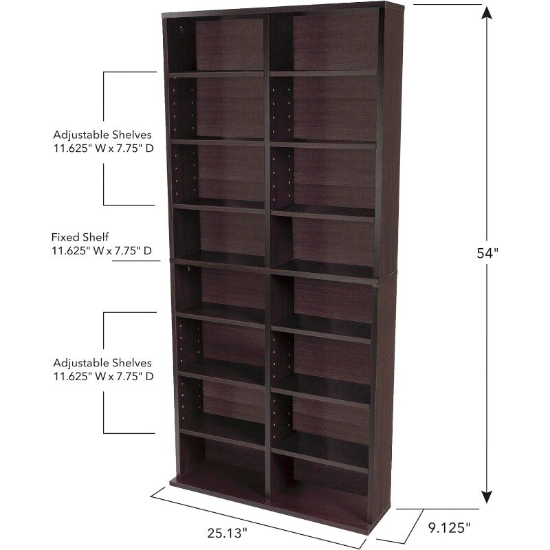 Adjustable Media Cabinet - Holds 464 CDs, 228 DVDs or 276 Blu-rays, 12 Adjustable and 4 fixed shelves PN in Espresso