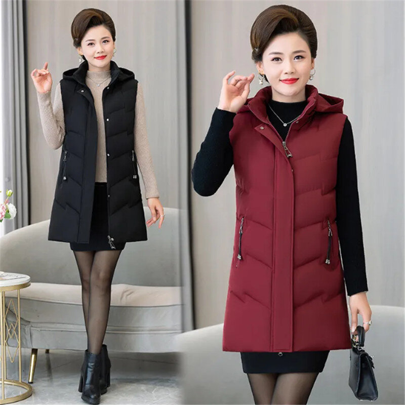 Chaleco de plumón medio largo para mujer, abrigo holgado con capucha, color puro, a la moda, con bolsillo, otoño e invierno, 2023