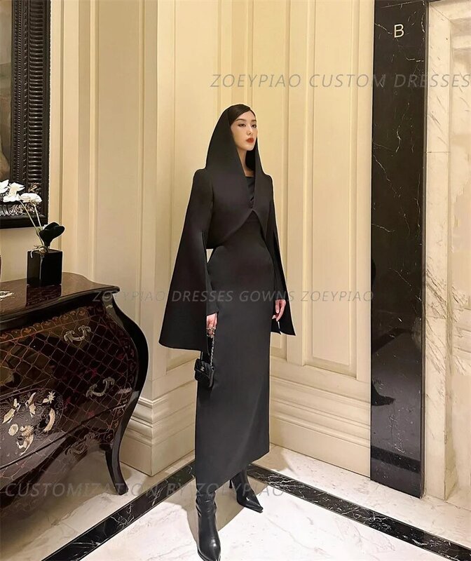 Luxury 2PCS Black Sheath Short Evening Dress For Woman Jacket Sleeves With Cap Fashion Simple Classy Party Casual Prom Gown New