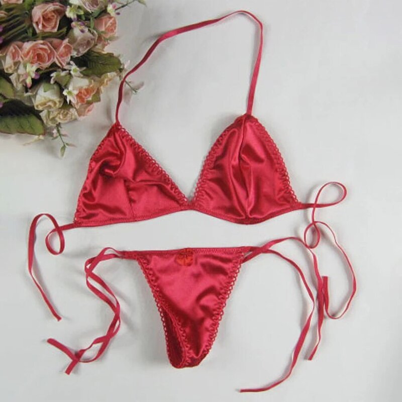 Sexy Lingerie Set Womens Satin Silk Thong Underwear Bra Panties T-back Lace Up Top Briefs Bikini Beach Swimming Bathing Suit