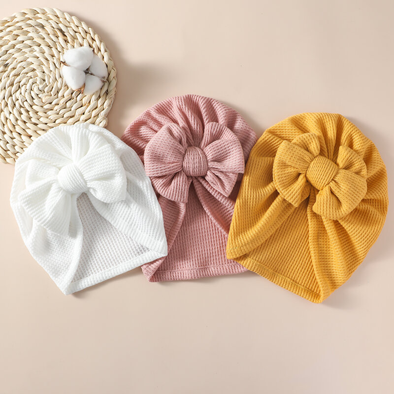 Turban avec nœud papillon pour bébé fille, couleur unie, en tricot gaufré, couvre-chef pour enfant, Bonnet indien pour nouveau-né, 1 pièce