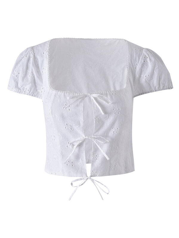 Hirigin rok pakaian 2 potong wanita musim panas Set kaus Mini pinggang tinggi kaus Tie-up lengan pendek bunga berongga Kawaii 2024
