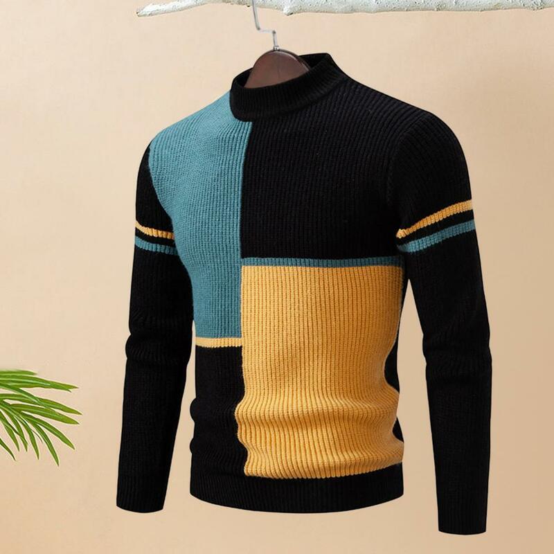 Эластичная трикотажная одежда с цветными блоками, вязаный мужской свитер с полувысоким воротником, облегающая теплая одежда для осени и зимы