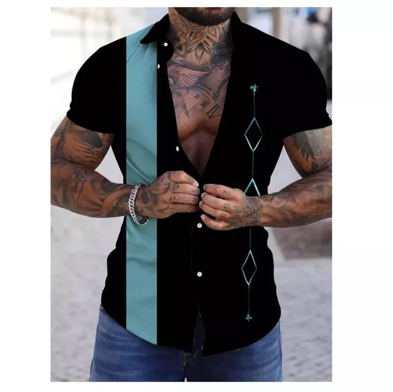 Grafite masculina camisa de lapela impressão 3D, camisa de botões, manga curta, roupa de lazer, novo, moda verão