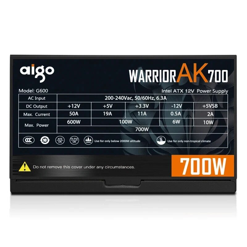 Aigo AK 700W PC PSU Power Supply Unit Black Gaming Quiet 120mm RGB Fan 24pin 12V ATX Zasilacz do komputera stacjonarnego dla BTC