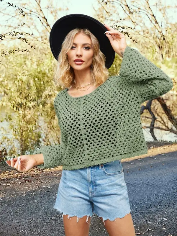 2024 Summer New European and American Women's Horn Sleeves Loose Round Neck Hollow Women's Knitwear SFC4-3