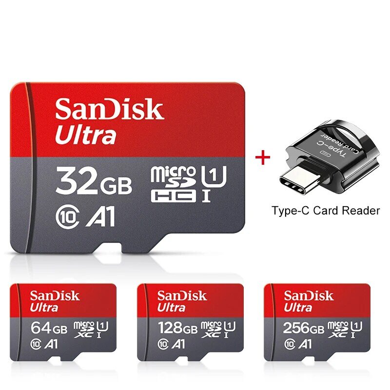 Mini cartão de memória Micro SD, adaptador tipo C para telefone, Class 10 Flashcard, 256GB, 128GB, 64GB, 120 Mbps, 32GB
